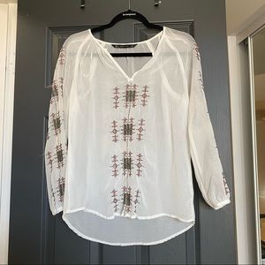 Zara Trafaluc embroidered sheer top, blouse white with red and black stitching